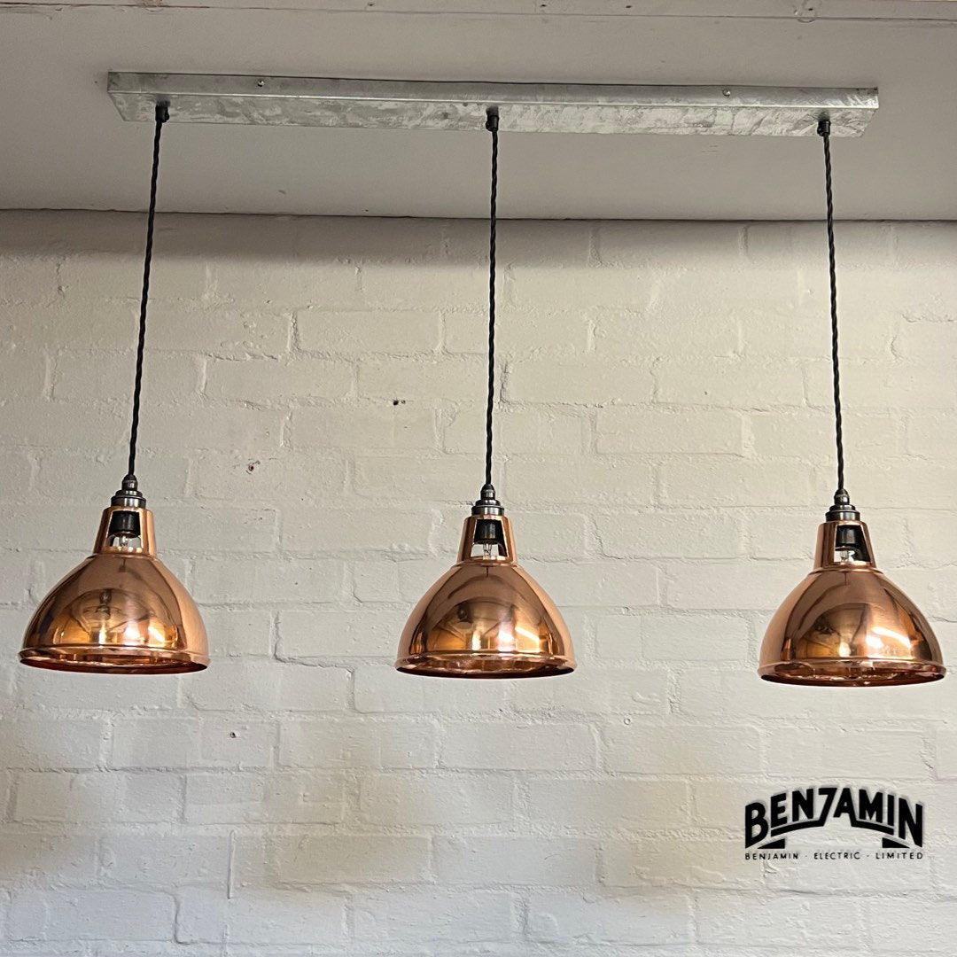 Shropham ~ 3 x Solid Copper Shade Pendant Wire Set Galvanised Track | 8 Inch Dome Light | Dining Room | Kitchen Table | Vintage