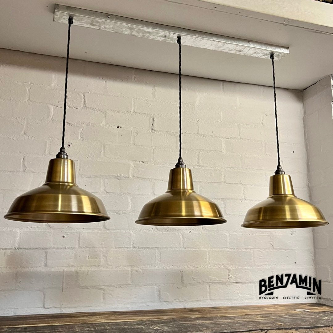Filby ~ 3 x Antique Brass Shade RLM 1921 Design Pendant Set Galvanised Track Cluster Light | Dining Room | Kitchen Table | Vintage