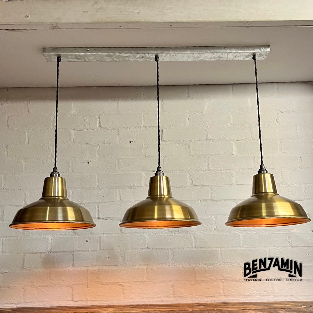 Filby ~ 3 x Antique Brass Shade RLM 1921 Design Pendant Set Galvanised Track Cluster Light | Dining Room | Kitchen Table | Vintage