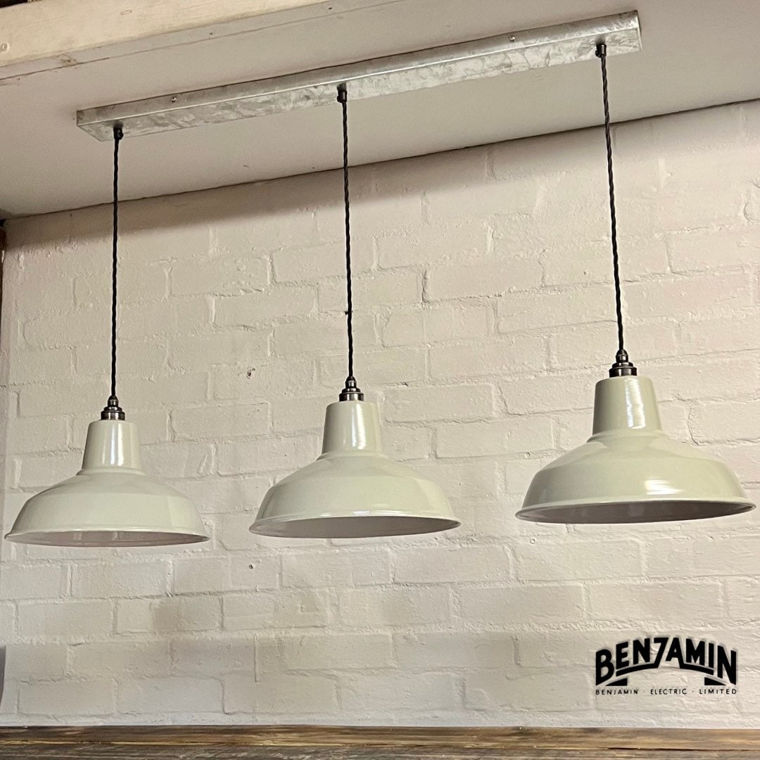 Filby ~ 3 x Grey Shade RLM 1921 Design Pendant Set Galvanised Track Light | Dining Room | Kitchen Table | Vintage