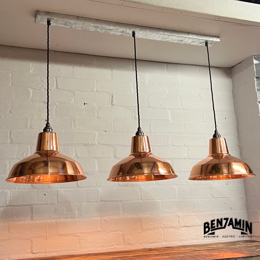 Filby ~ 3 x Solid Copper Shade RLM 1921 Design Pendant Set Galvanised Track Light | Dining Room | Kitchen Table | Vintage