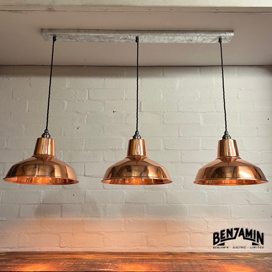 Filby ~ 3 x Solid Copper Shade RLM 1921 Design Pendant Set Galvanised Track Light | Dining Room | Kitchen Table | Vintage