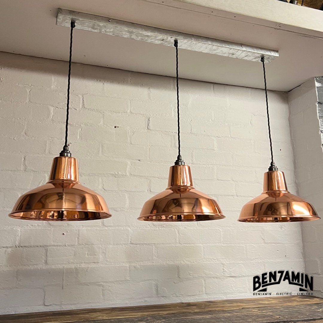 Filby ~ 3 x Solid Copper Shade RLM 1921 Design Pendant Set Galvanised Track Light | Dining Room | Kitchen Table | Vintage
