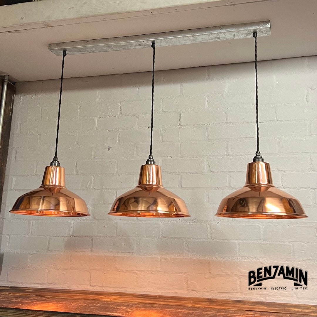Filby ~ 3 x Solid Copper Shade RLM 1921 Design Pendant Set Galvanised Track Light | Dining Room | Kitchen Table | Vintage