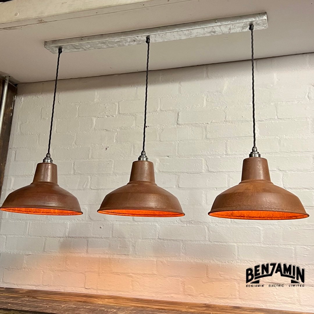 Filby ~ 3 x Solid Rusted Steel Shade RLM 1921 Design Pendant Set Galvanised Track Light | Dining Room | Kitchen Table | Vintage