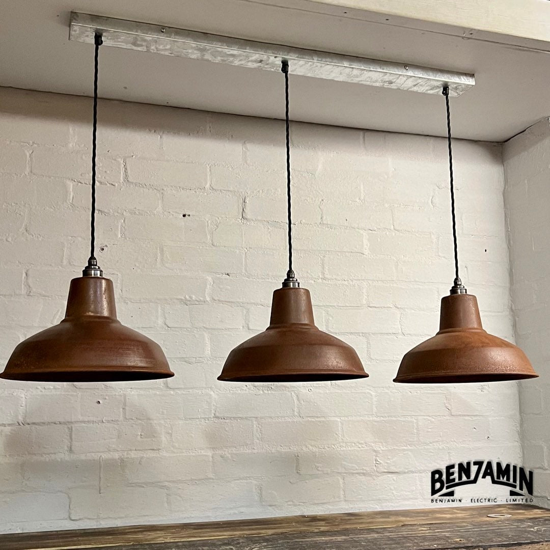 Filby ~ 3 x Solid Rusted Steel Shade RLM 1921 Design Pendant Set Galvanised Track Light | Dining Room | Kitchen Table | Vintage