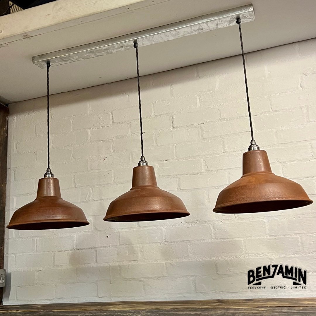 Filby ~ 3 x Solid Rusted Steel Shade RLM 1921 Design Pendant Set Galvanised Track Light | Dining Room | Kitchen Table | Vintage