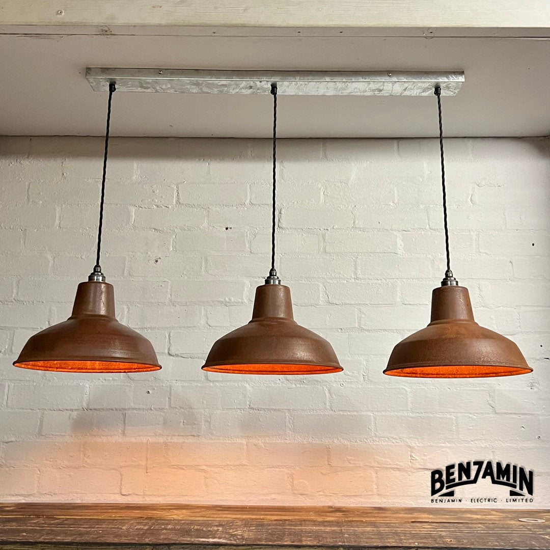 Filby ~ 3 x Solid Rusted Steel Shade RLM 1921 Design Pendant Set Galvanised Track Light | Dining Room | Kitchen Table | Vintage