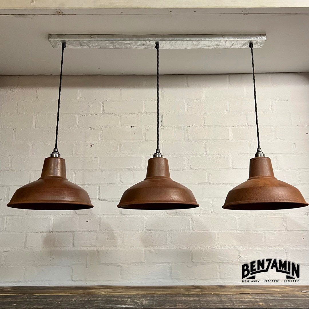 Filby ~ 3 x Solid Rusted Steel Shade RLM 1921 Design Pendant Set Galvanised Track Light | Dining Room | Kitchen Table | Vintage