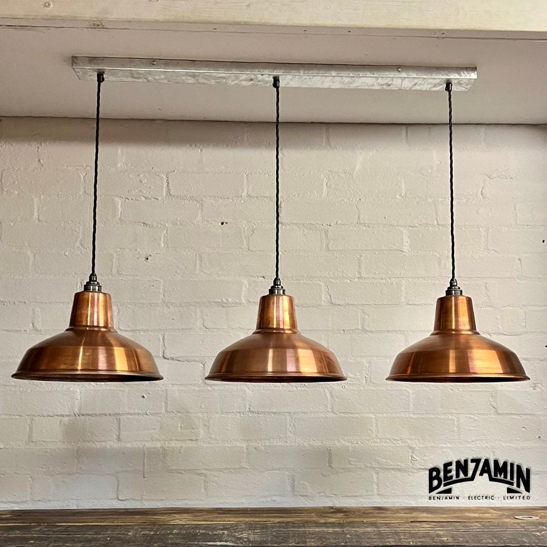 Filby ~ 3 x Antique Copper Shade RLM 1921 Design Pendant Set Galvanised Track Light | Dining Room | Kitchen Table | Vintage