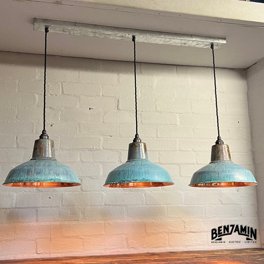 Filby ~ 3 x Solid Copper Verdigris Shade RLM 1921 Design Pendant Set Galvanised Track Light | Dining Room | Kitchen Table | Vintage