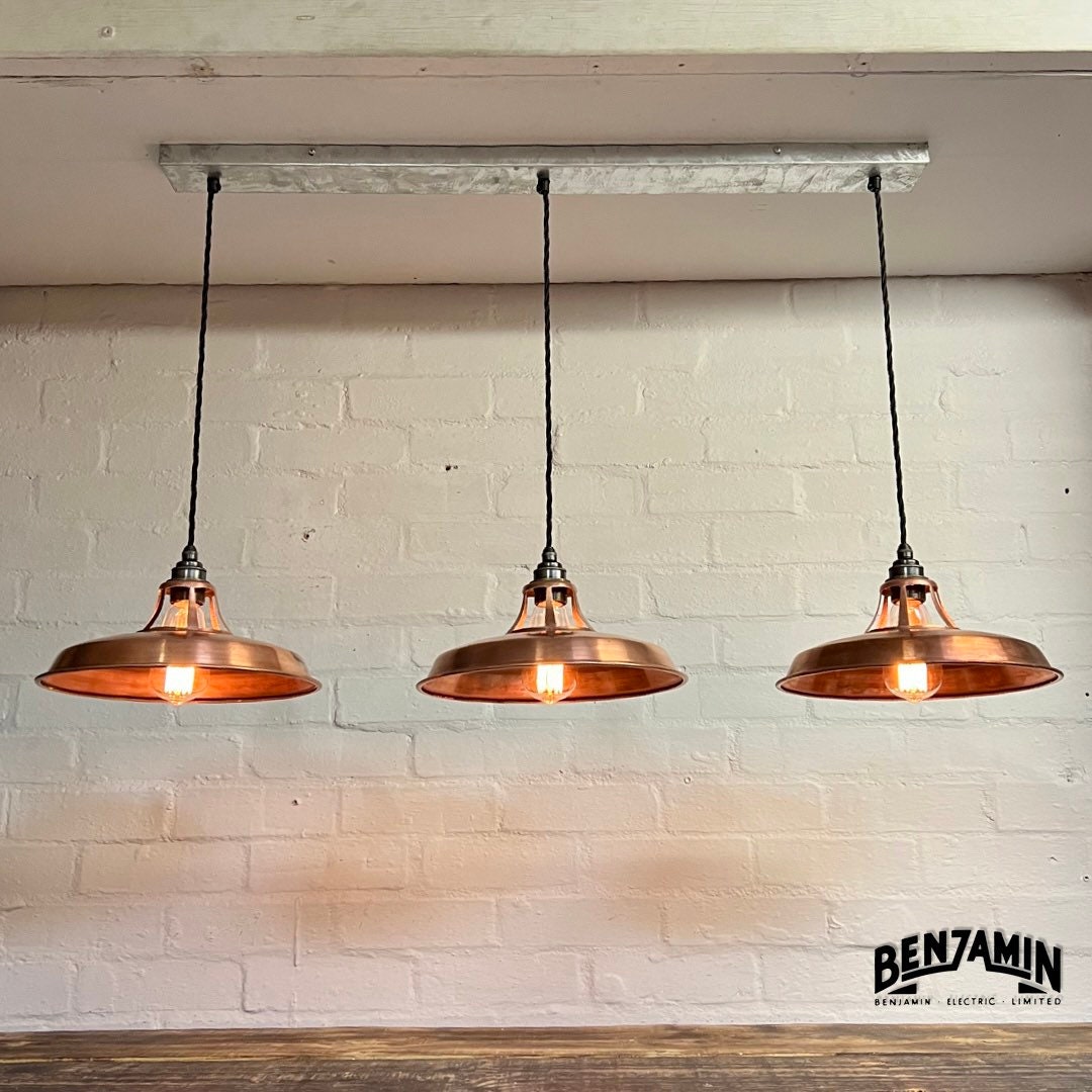 Bramerton ~ **Worn** 3 x Antique Copper Shade Benflux 1926 Design Pendant Set Galvanised Track Light | Dining Room | Kitchen Table | Vintage