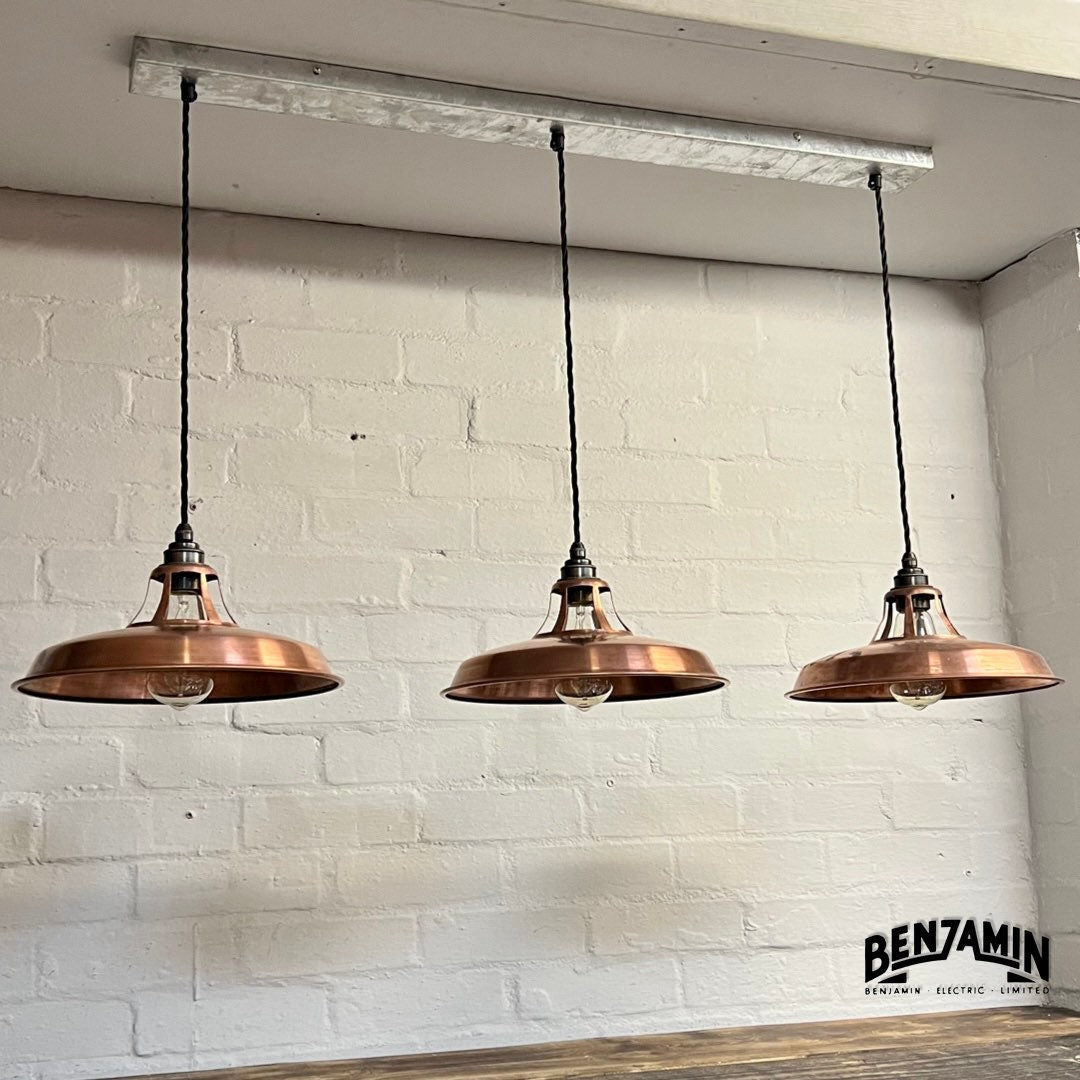 Bramerton ~ **Worn** 3 x Antique Copper Shade Benflux 1926 Design Pendant Set Galvanised Track Light | Dining Room | Kitchen Table | Vintage