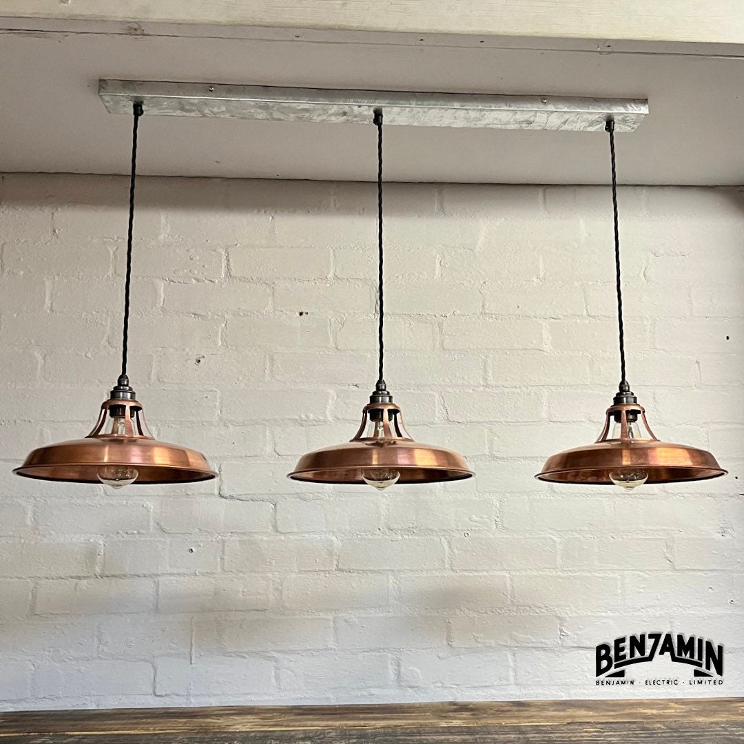 Bramerton ~ **Worn** 3 x Antique Copper Shade Benflux 1926 Design Pendant Set Galvanised Track Light | Dining Room | Kitchen Table | Vintage