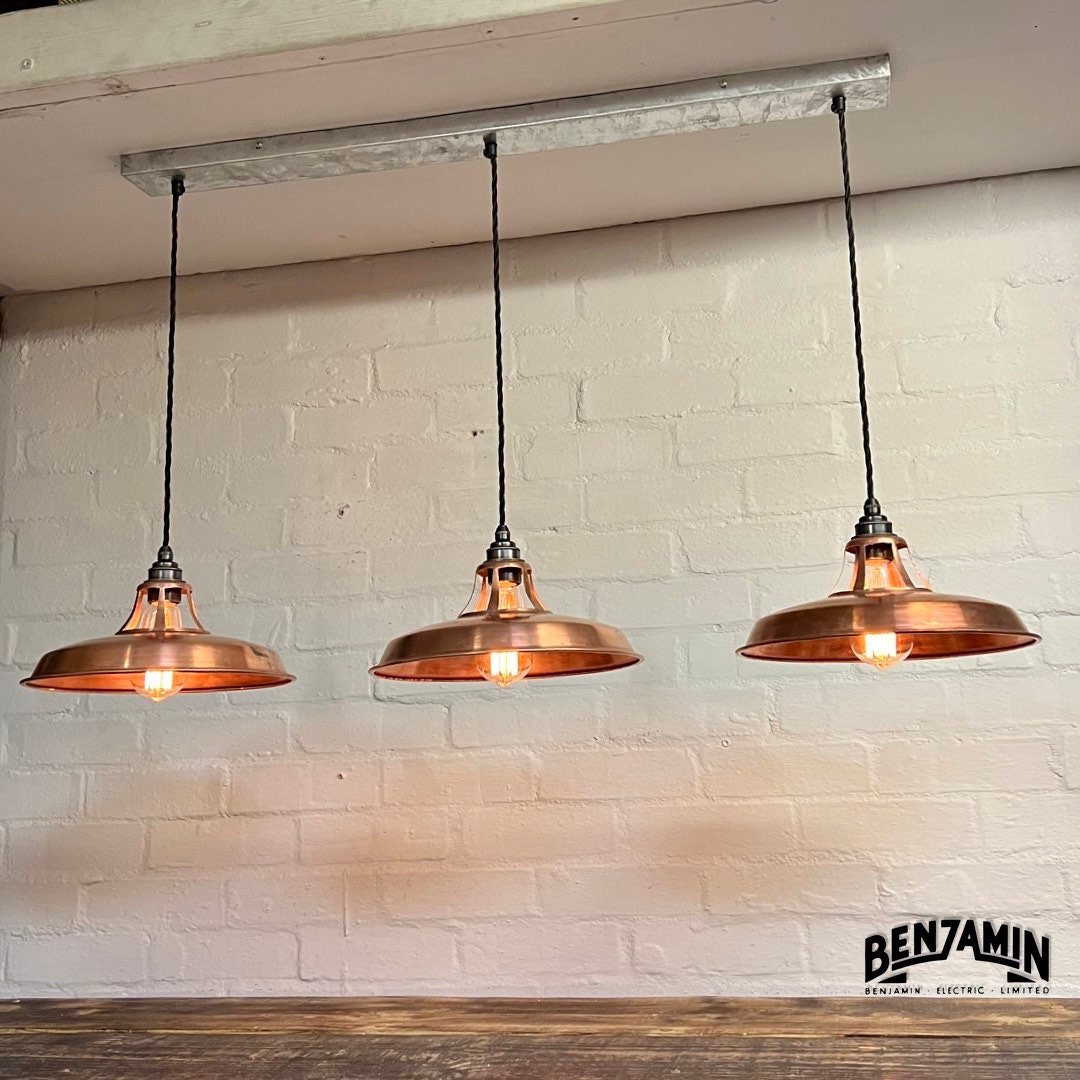 Bramerton ~ **Worn** 3 x Antique Copper Shade Benflux 1926 Design Pendant Set Galvanised Track Light | Dining Room | Kitchen Table | Vintage