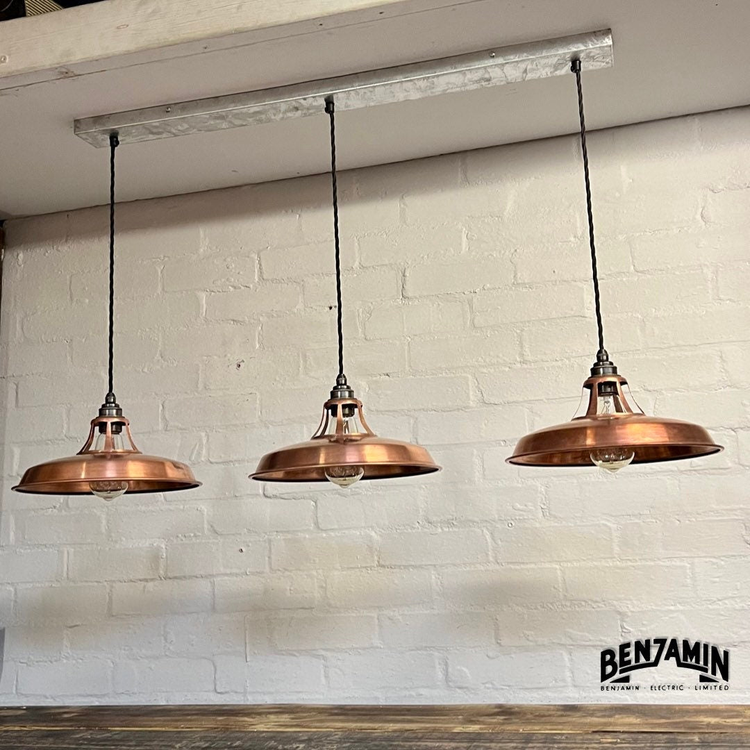 Bramerton ~ **Worn** 3 x Antique Copper Shade Benflux 1926 Design Pendant Set Galvanised Track Light | Dining Room | Kitchen Table | Vintage