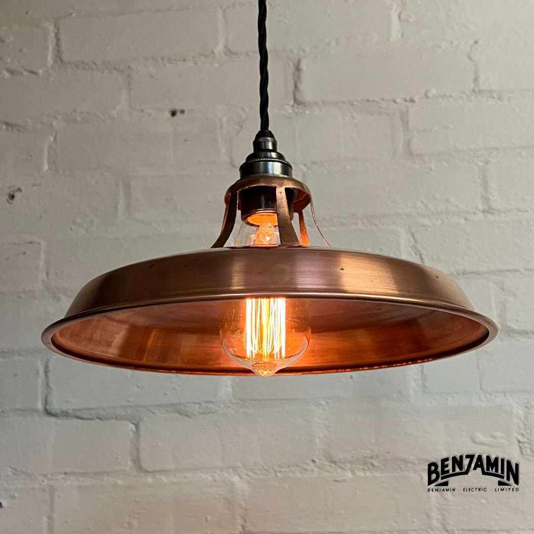 Bramerton ~ **Worn** 3 x Antique Copper Shade Benflux 1926 Design Pendant Set Galvanised Track Light | Dining Room | Kitchen Table | Vintage