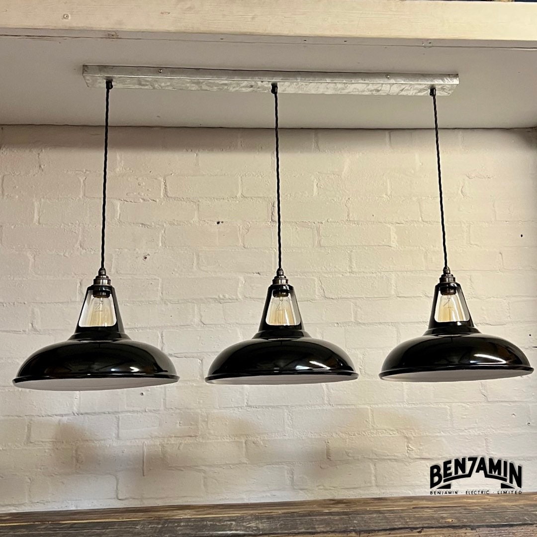 Cawston XL ~ 3 x Solid Jet Black Shade 1932 Design Pendant Set Track Light | Dining Room | Kitchen Table | Vintage