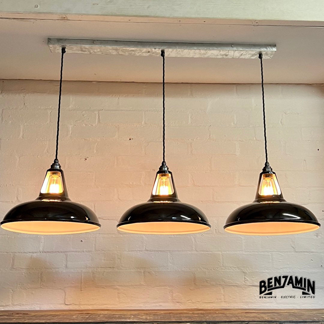 Cawston XL ~ 3 x Solid Jet Black Shade 1932 Design Pendant Set Track Light | Dining Room | Kitchen Table | Vintage