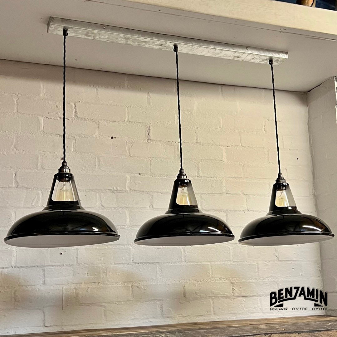 Cawston XL ~ 3 x Solid Jet Black Shade 1932 Design Pendant Set Track Light | Dining Room | Kitchen Table | Vintage