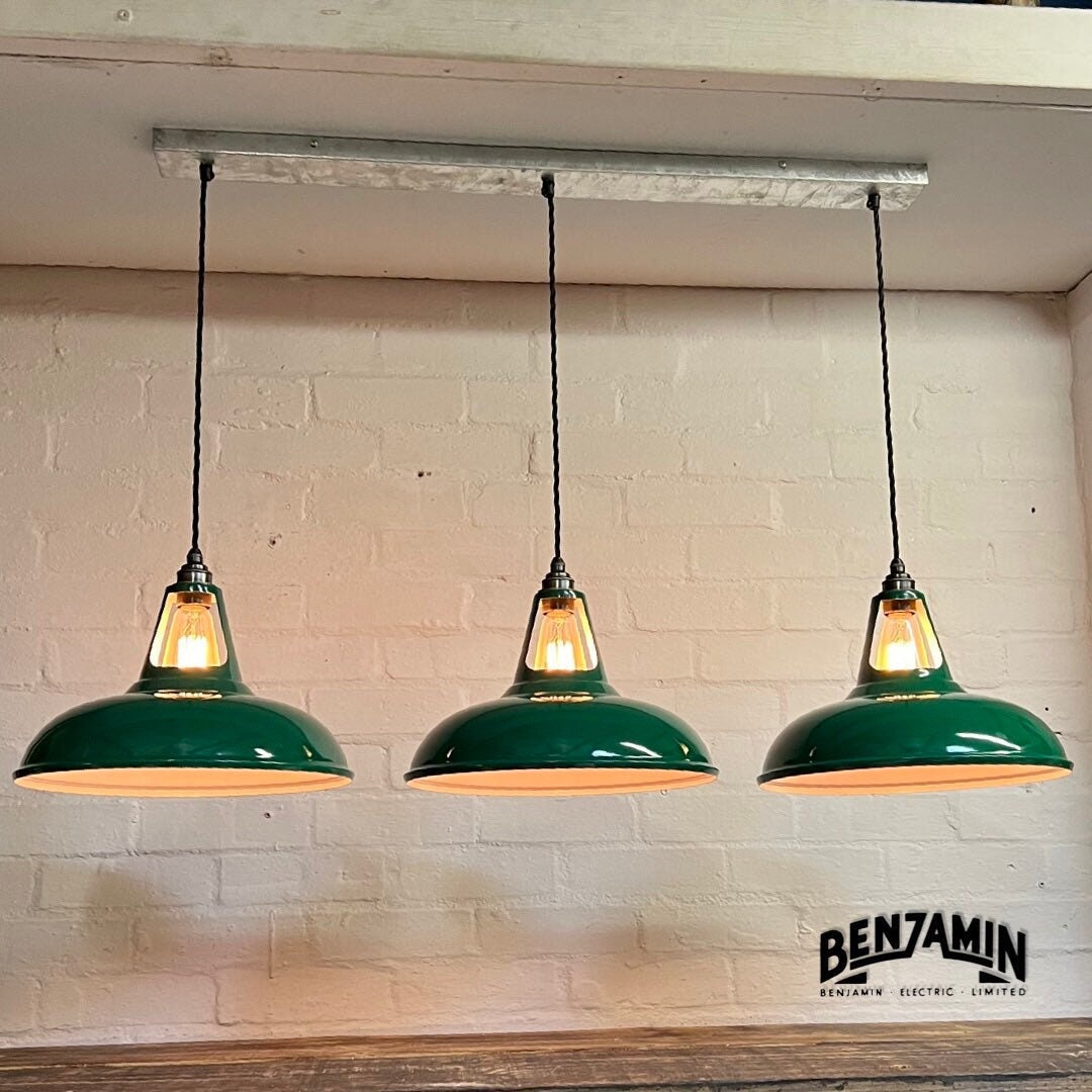 Cawston XL ~ 3 x Solid Original Green Shade 1932 Design Pendant Set Track Light | Dining Room | Kitchen Table | Vintage
