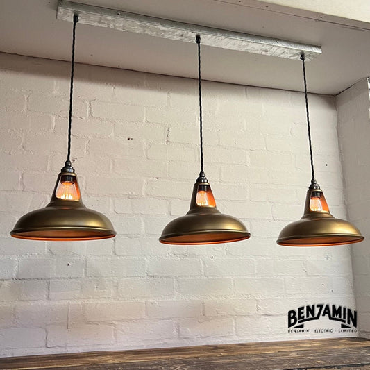 Cawston ~ 3 x Antique Brass Shade 1932 Design Pendant Set Galvanised Track Light | Dining Room | Kitchen Table | Vintage