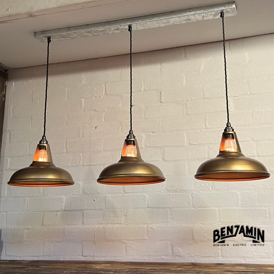 Cawston ~ 3 x Antique Brass Shade 1932 Design Pendant Set Galvanised Track Light | Dining Room | Kitchen Table | Vintage