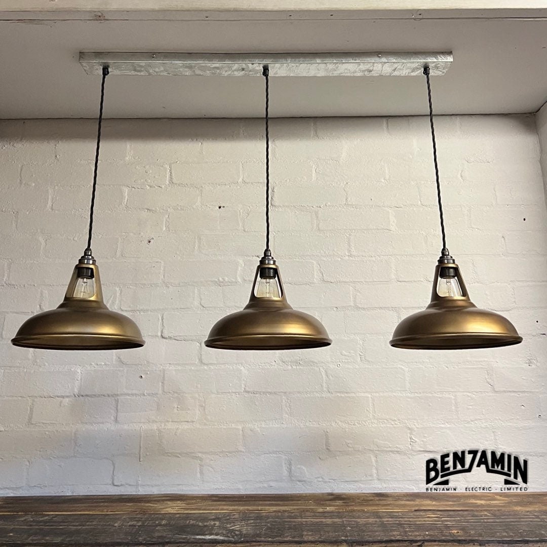 Cawston ~ 3 x Antique Brass Shade 1932 Design Pendant Set Galvanised Track Light | Dining Room | Kitchen Table | Vintage