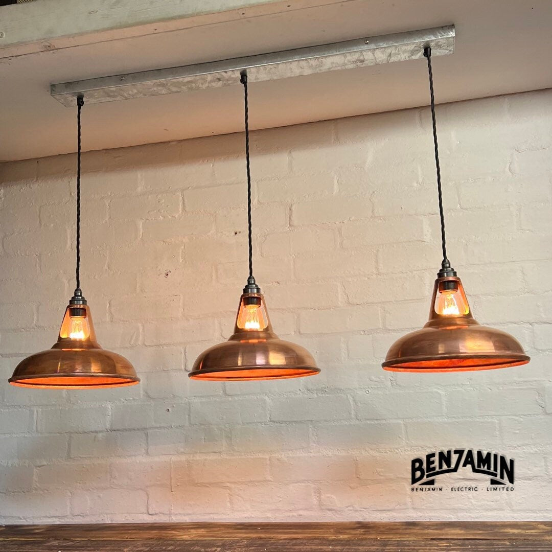 Cawston ~ 3 x Antique Copper Shade 1932 Design Pendant Set Galvanised Cluster Track Light | Dining Room | Kitchen Table | Vintage **Worn**