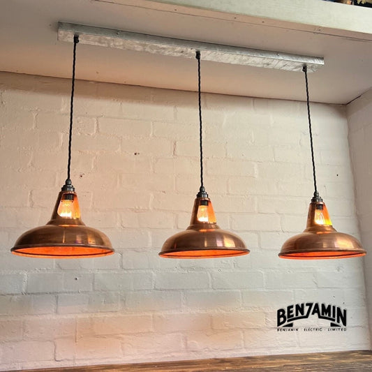 Cawston ~ 3 x Antique Copper Shade 1932 Design Pendant Set Galvanised Cluster Track Light | Dining Room | Kitchen Table | Vintage