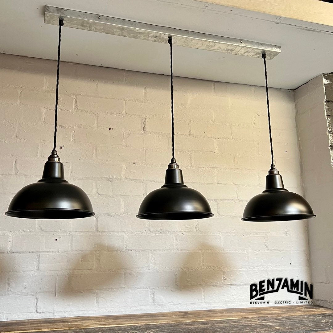 Salthouse ~ 3 x Matt Black Shade Design Pendant Set Track Light | Dining Room | Kitchen Table | Vintage