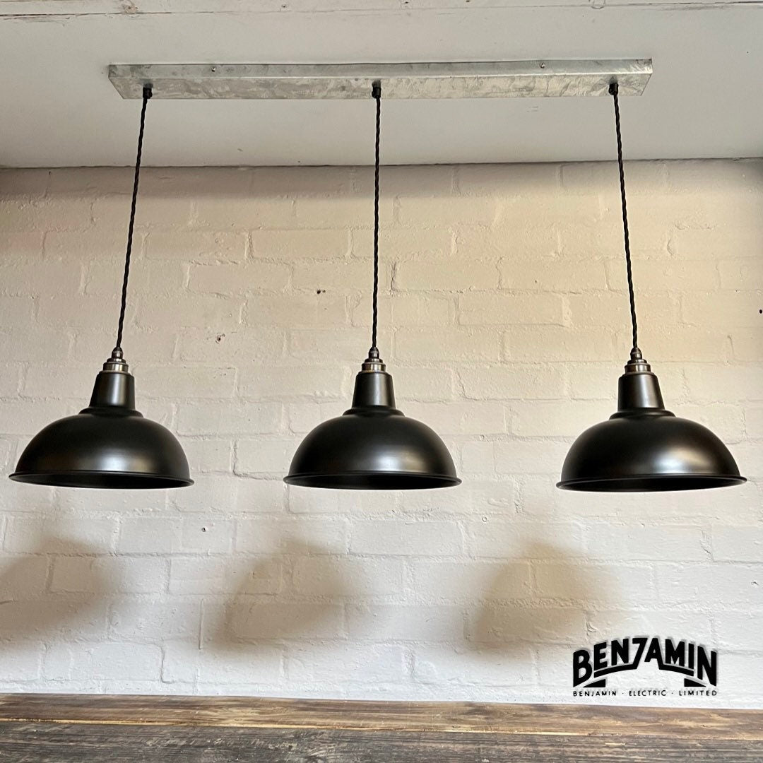 Salthouse ~ 3 x Matt Black Shade Design Pendant Set Track Light | Dining Room | Kitchen Table | Vintage