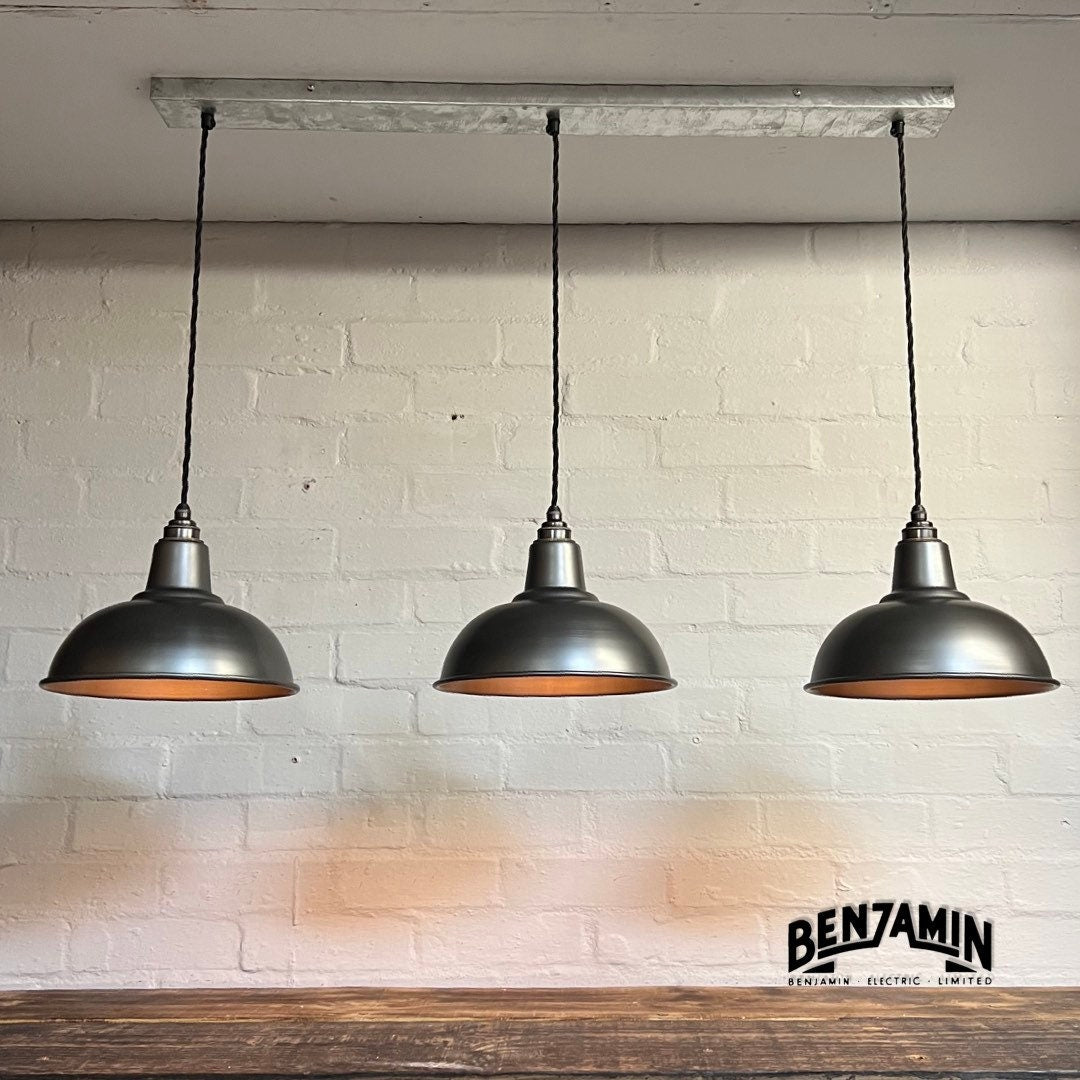 Salthouse ~ 3 x Pewter Shade Design Pendant Set Track Cluster Light | Dining Room | Kitchen Table | Vintage