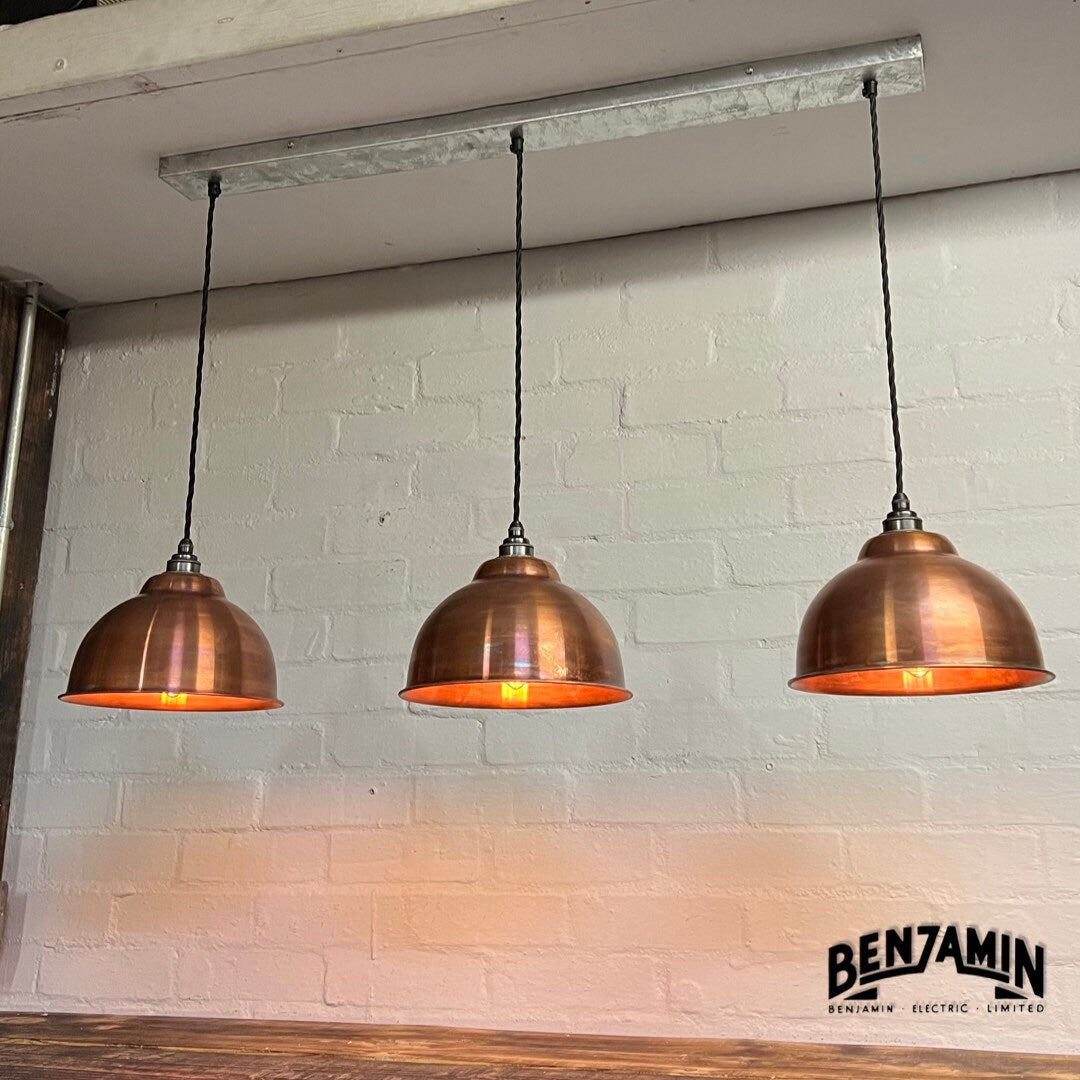 Morley ~ 3 x Antique Copper Shade Design Pendant Set Track Light | Dining Room | Kitchen Table Cluster | Vintage