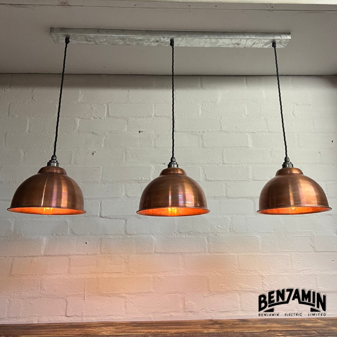 Morley ~ 3 x Antique Copper Shade Design Pendant Set Track Light | Dining Room | Kitchen Table Cluster | Vintage