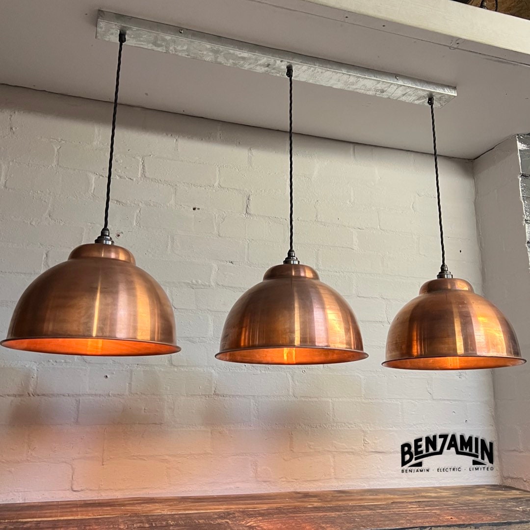 Morley XL ~ 3 x Antique Copper Shade Design Pendant Set Track Light | Dining Room | Kitchen Table Cluster | Vintage