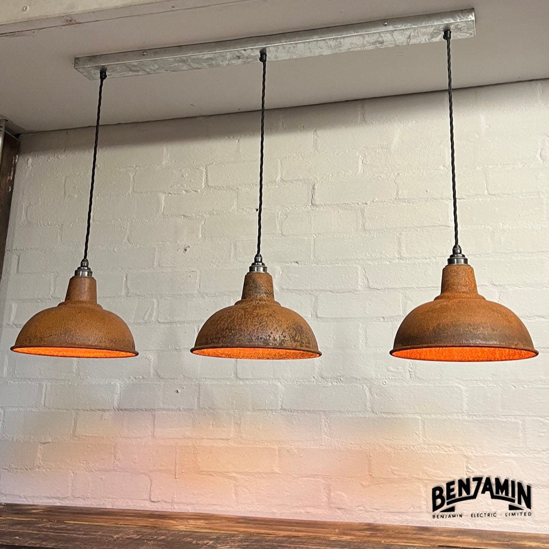 Salthouse ~ 3 x Solid Rusted Steel Shade Design Pendant Set Track Cluster Light | Dining Room | Kitchen Table | Vintage