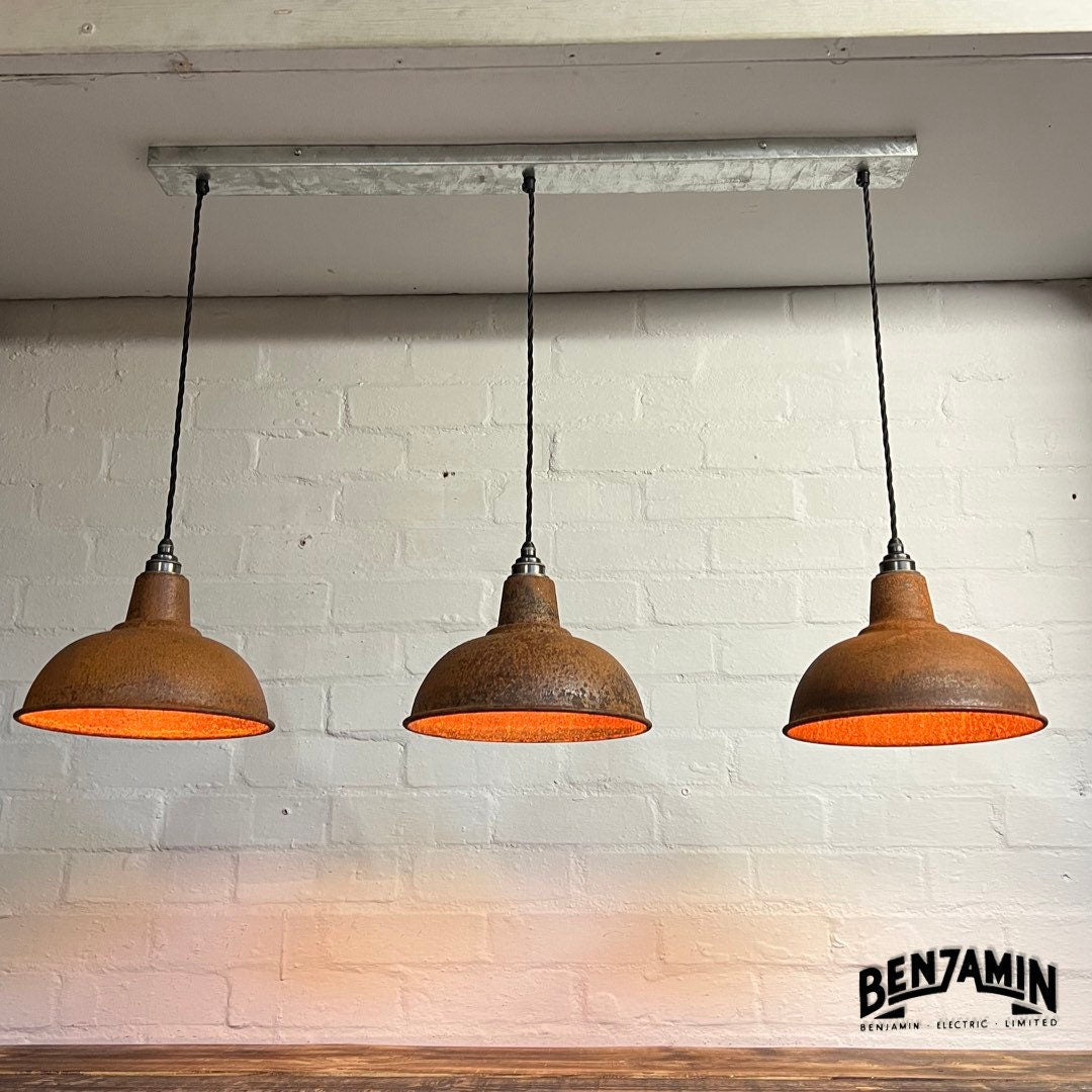 Salthouse ~ 3 x Solid Rusted Steel Shade Design Pendant Set Track Cluster Light | Dining Room | Kitchen Table | Vintage