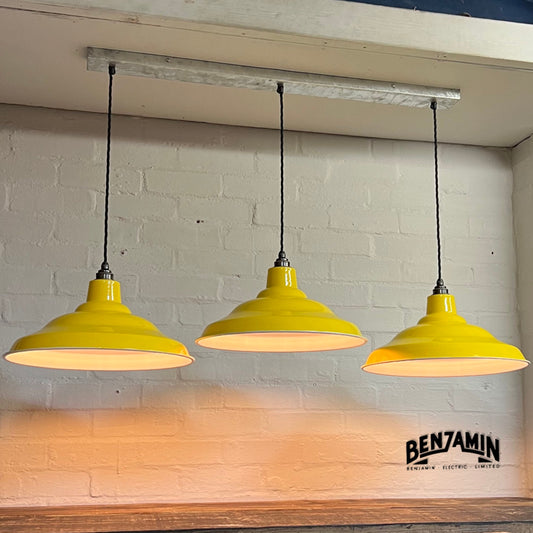 Bawsey ~ 3 x Deep Yellow Shade Design Pendant Wire Set Track Cluster Dome Light | 16 Inch | Dining Room | Kitchen Table | Vintage