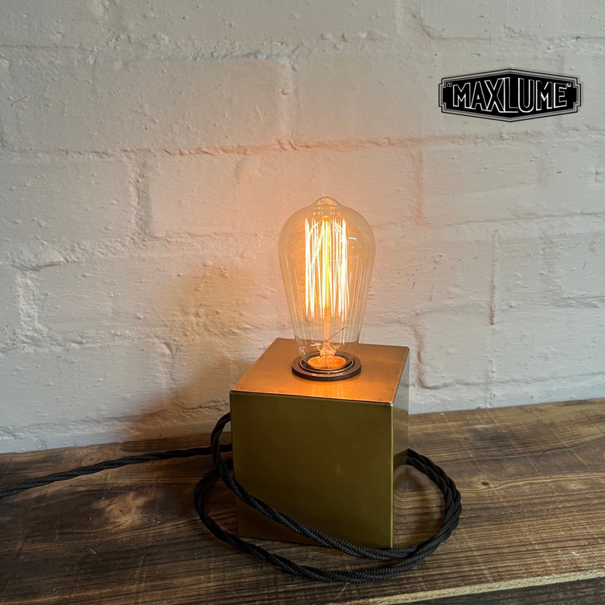 Square Antique Brass Bedside Lamp | Fabric Cable | Bedroom | Table Light | Vintage Retro 1 x Edison Filament Bulb