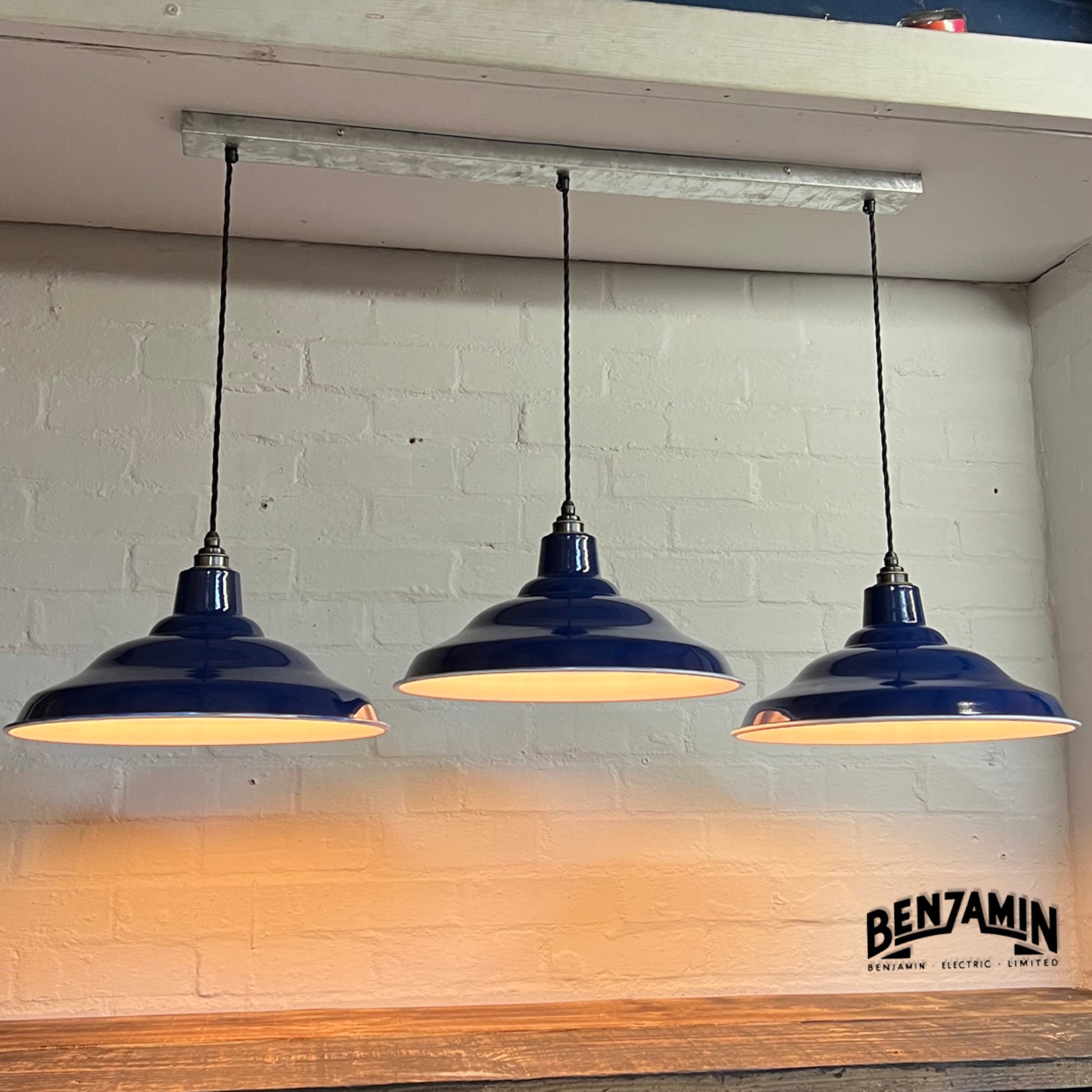 Bawsey ~ 3 x Royal Blue Shade Design Pendant Wire Set Track Cluster Dome Light | 16 Inch | Dining Room | Kitchen Table | Vintage