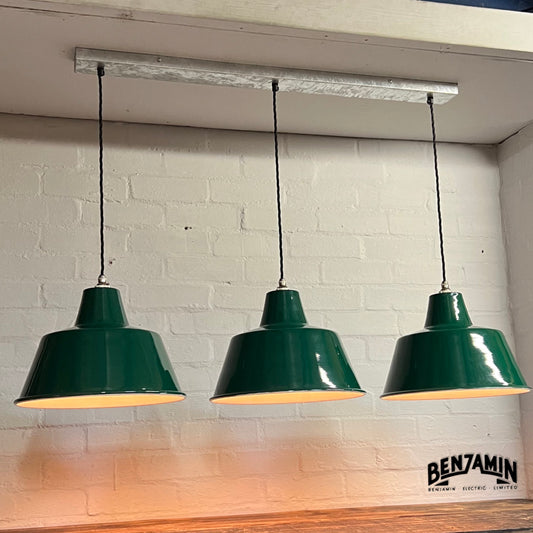 Pentney ~ 3 x Original Green Shade Design Pendant Wire Set Track Cluster Dome Light |  Inch | Dining Room | Kitchen Table | Vintage