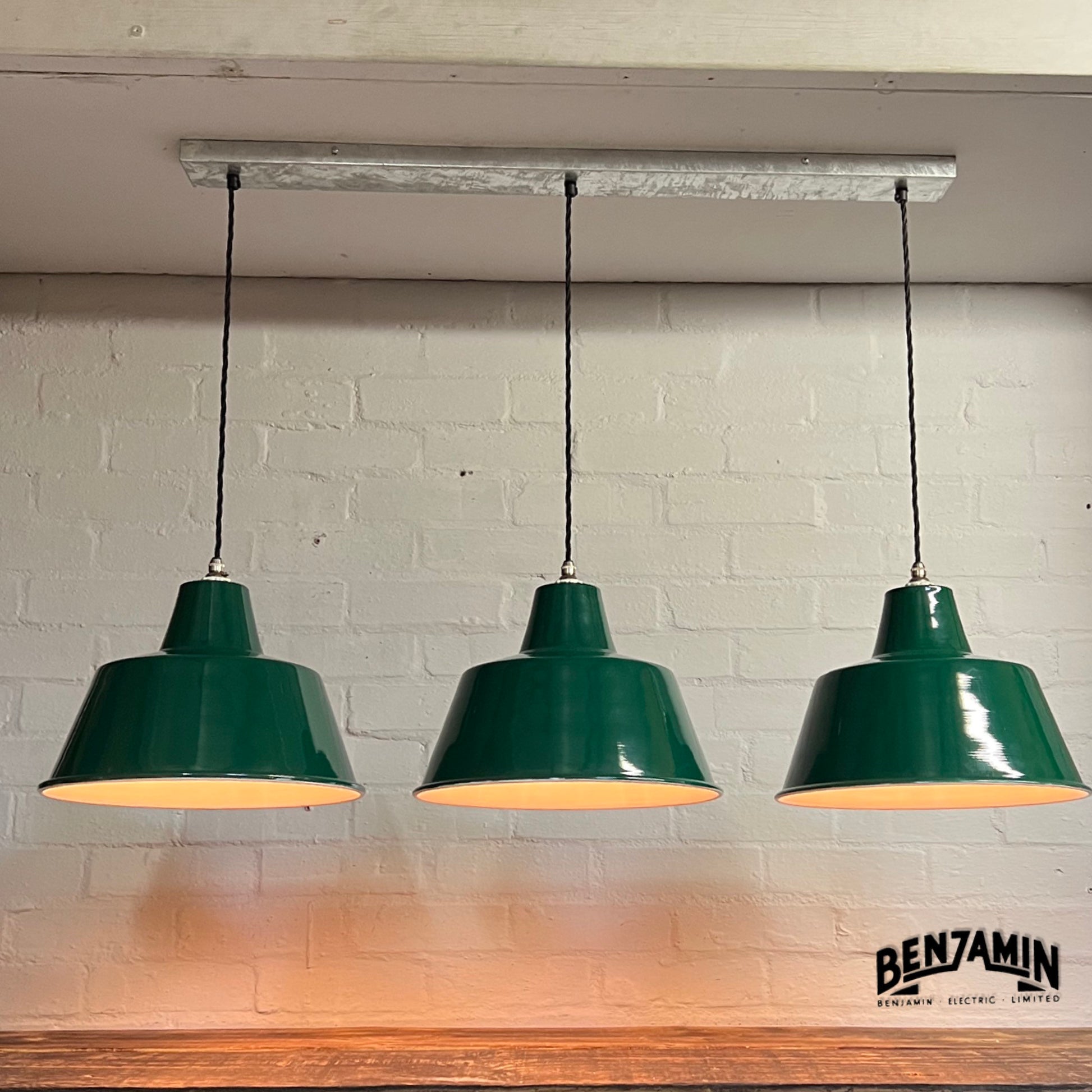 Pentney ~ 3 x Original Green Shade Design Pendant Wire Set Track Cluster Dome Light |  Inch | Dining Room | Kitchen Table | Vintage