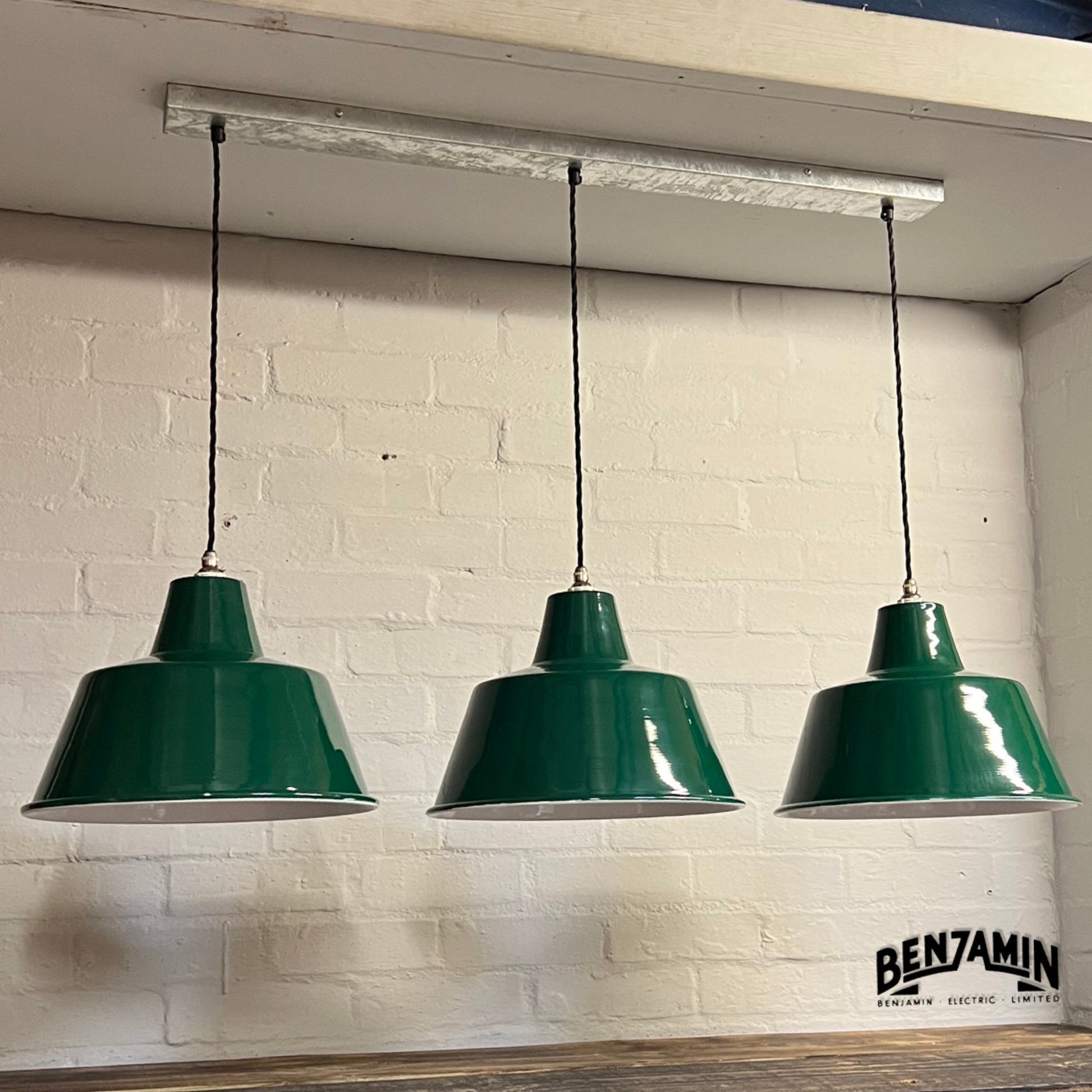 Pentney ~ 3 x Original Green Shade Design Pendant Wire Set Track Cluster Dome Light |  Inch | Dining Room | Kitchen Table | Vintage