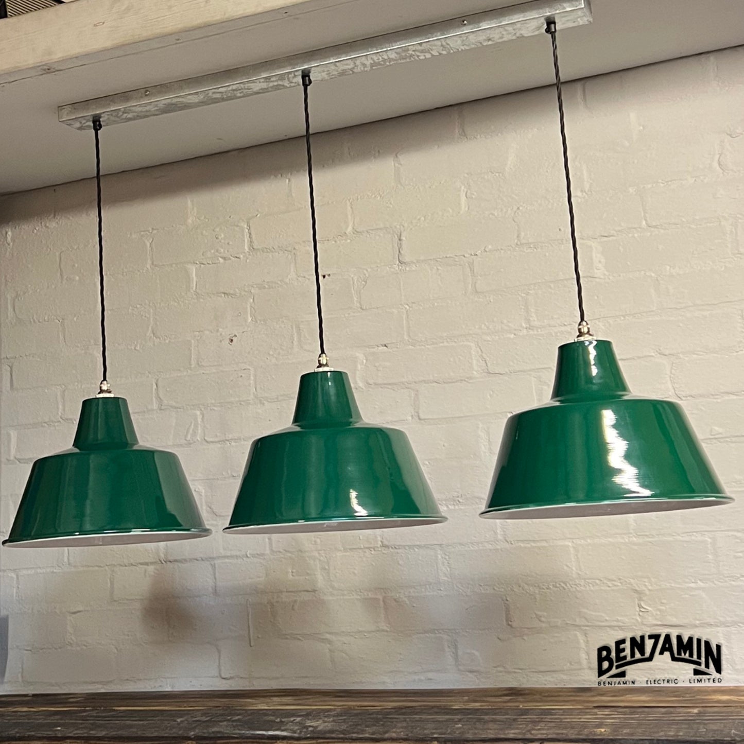 Pentney ~ 3 x Original Green Shade Design Pendant Wire Set Track Cluster Dome Light |  Inch | Dining Room | Kitchen Table | Vintage