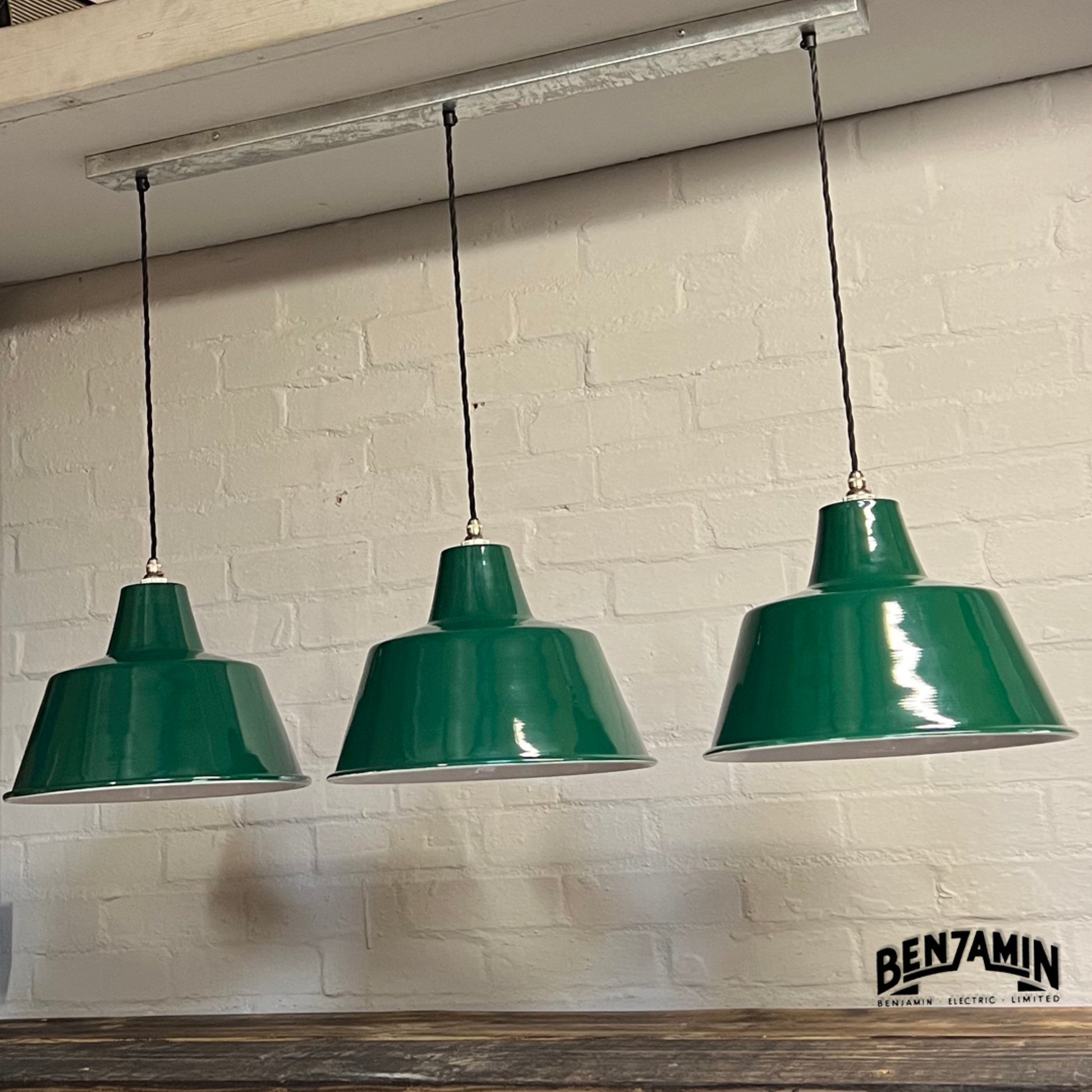 Pentney ~ 3 x Original Green Shade Design Pendant Wire Set Track Cluster Dome Light |  Inch | Dining Room | Kitchen Table | Vintage