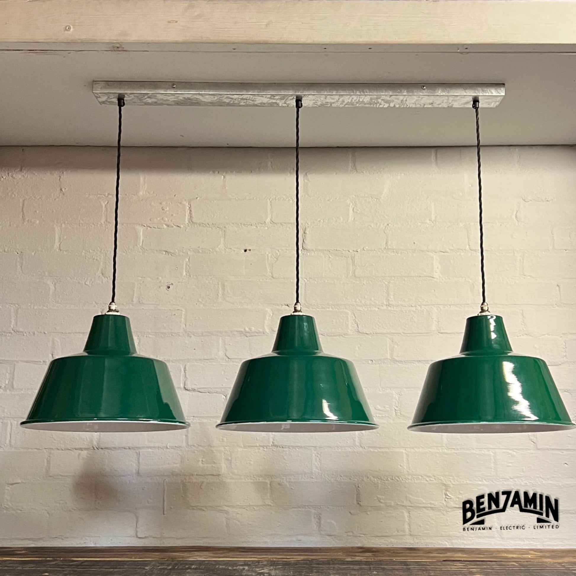 Pentney ~ 3 x Original Green Shade Design Pendant Wire Set Track Cluster Dome Light |  Inch | Dining Room | Kitchen Table | Vintage