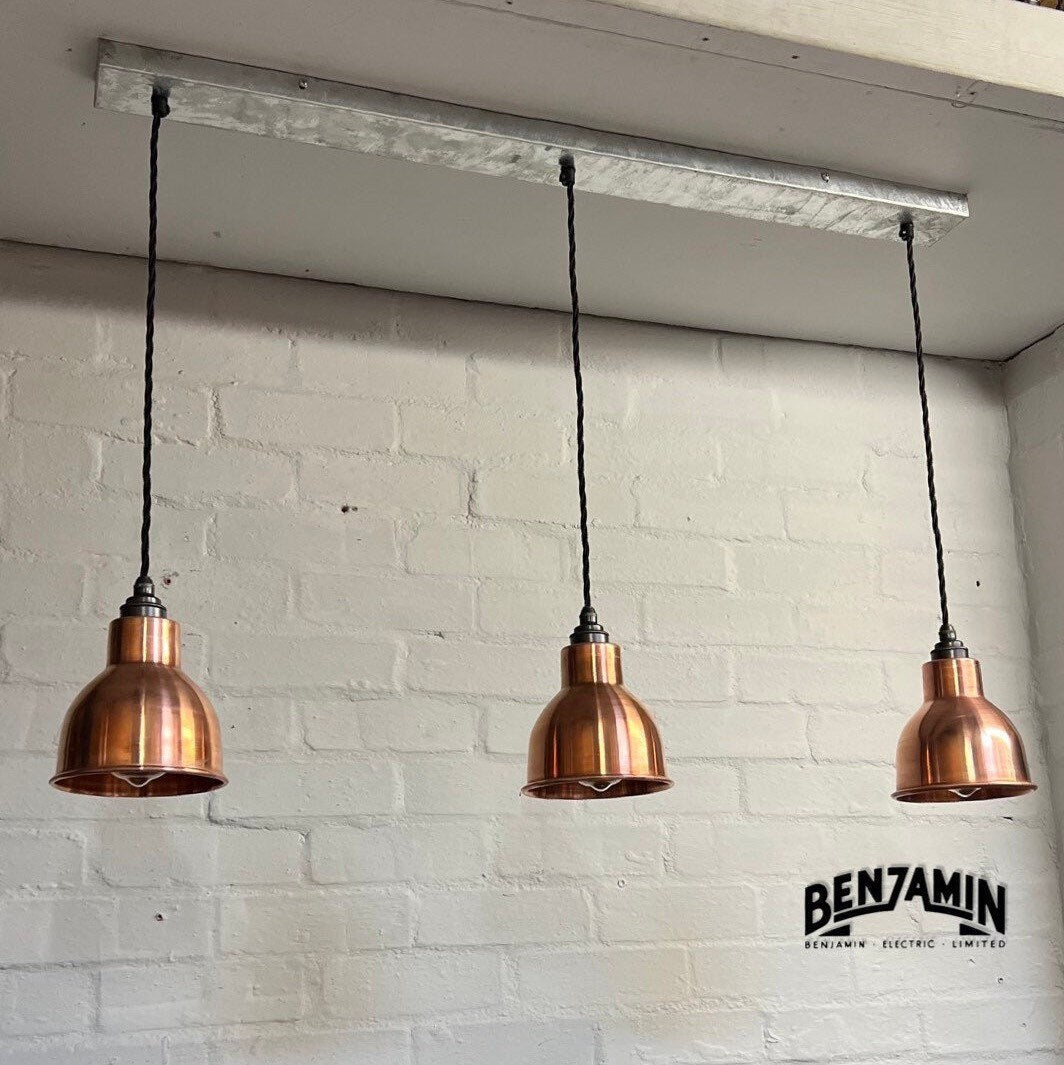 Metton ~ 3 x Antique Copper Shade “MEK” Design Pendant Set Track Light | Dining Room | Kitchen Table | Vintage