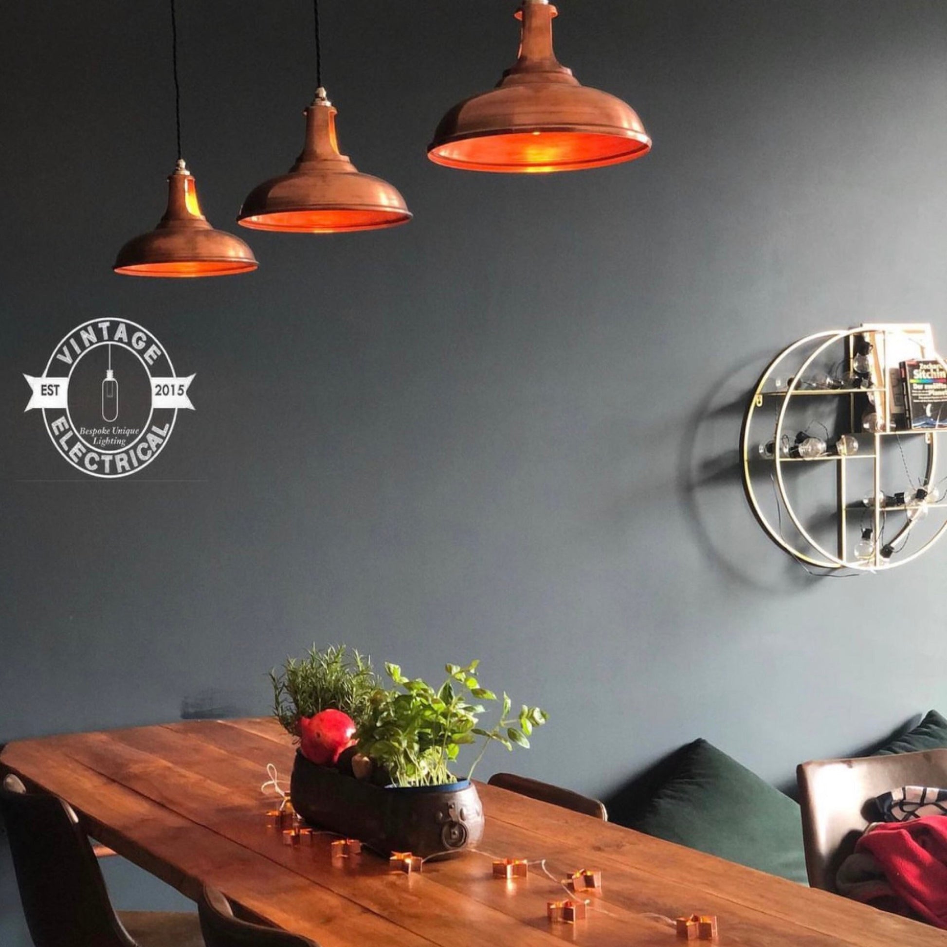 Cawston ~ 3 x Antique Copper Shade 1932 Design Pendant Set Galvanised Cluster Track Light | Dining Room | Kitchen Table | Vintage **Worn**