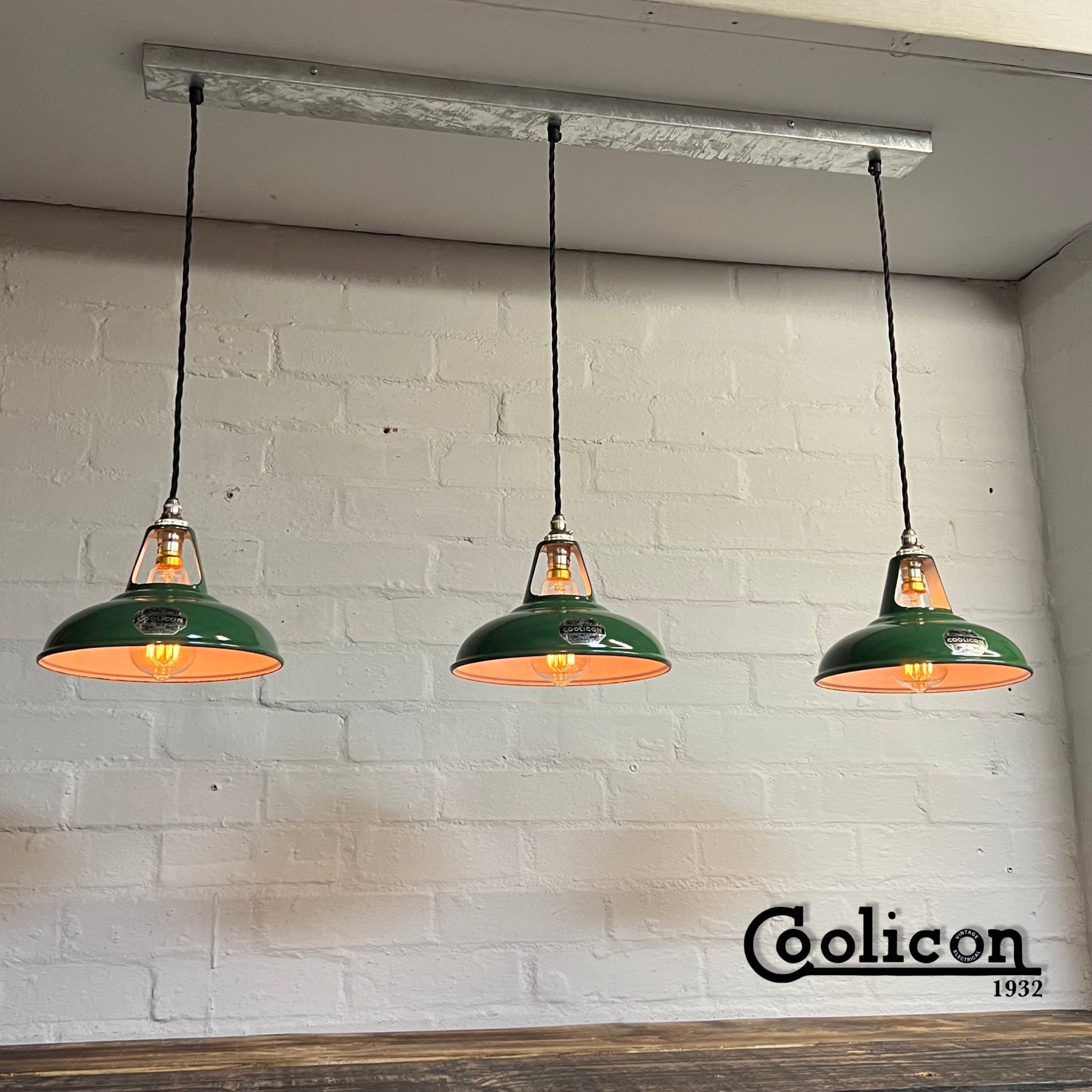 Cawston ~ 3 x Genuine Antique Coolicon Solid Shade 1932 Design Pendant Set Galvanised Track Light | Dining Room | Kitchen Table | Vintage